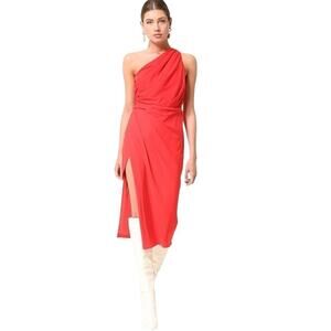 New Line & Dot Mia One-Shoulder Draped Front Midi Dress Scarlet Red Women’s XS